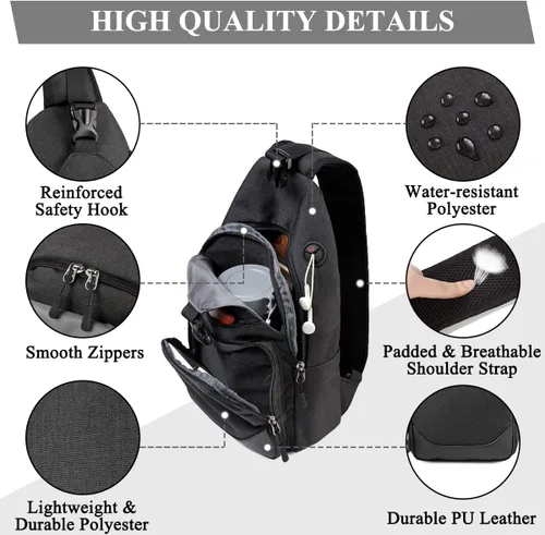 Miniatura 5 de VASCHY Bolso bandolera para hombres y mujeres, una correa sobre el hombro, mochila cruzada para el pecho, para senderismo, viajes, exteriores Negro