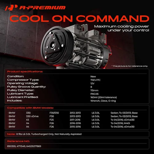 Miniatura 2 de A-Premium Compresor A/C con embrague compatible con BMW 335i 3.0L 2012-2013, 335i 3.0L xDrive 2013, X3 3.0L 2011-2016, X4 3.0L 2015-2016