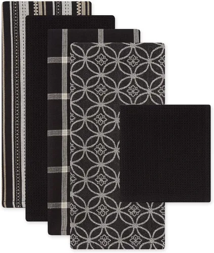 Miniatura 2 de DII Juego de cocina tejido surtido, toalla de cocina, 18 x 28 pulgadas, paño de cocina, 13 x 13 pulgadas, color negro, 5 piezas