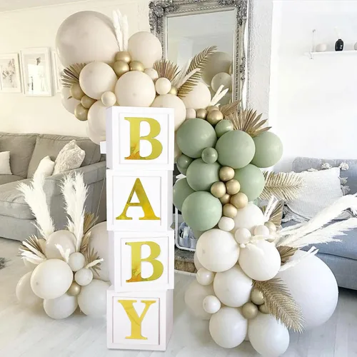 Decoraciones de baby shower, cajas de globos para bebé, bloques con 30 letras para bricolaje niño y niña, primer cumpleaños, oso de peluche, baby