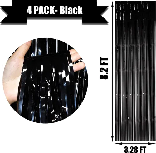 Miniatura 2 de Paquete de 4 cortinas de flecos de papel de aluminio negro telón de fondo, 3.28 pies x 8.2 pies, cortinas de serpentinas de oropel metálico