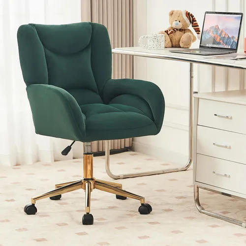 Velvet Swivel Desk Chair with Gold Base - 360° Rotating Office Chair with Ergonomic Tufted Backrest, Thick Sponge Cushion & Universal Wheels for