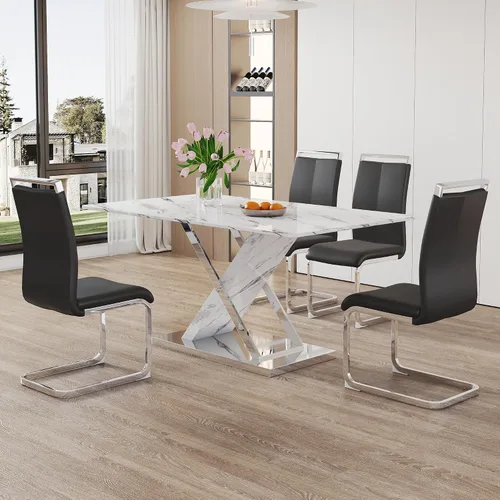 Miniatura 37 de Juego de mesa de comedor de mármol para mesa rectangular blanca de 4.63 pulgadas con marco de metal plateado en forma de X y 4 sillas de comedor