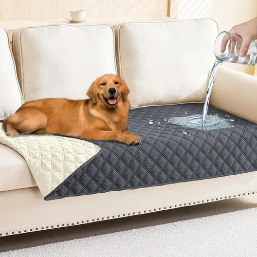Miniatura 41 de Smiry Funda impermeable para cama de mascota, suave y lavable, para muebles, cama, sofá, reversible, a cuadros (30 x 53 pulgadas, color beige/beige)