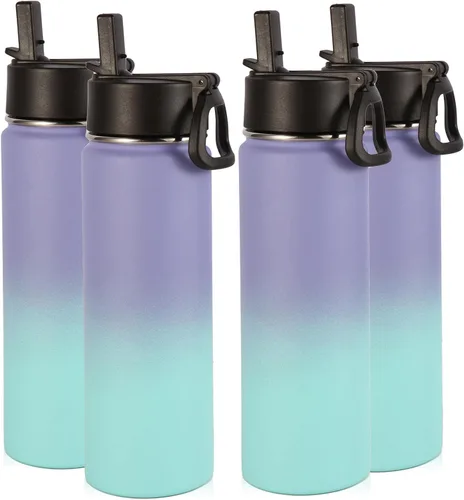 Miniatura 16 de Volhoply Botellas de agua aisladas con popote a granel, paquete de 4, botella deportiva de acero inoxidable de 22 onzas con tapa, vasos de agua