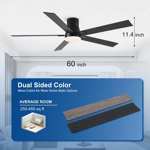 Miniatura 7 de Ventiladores de techo de 60 pulgadas con luces y control remoto, ventilador de techo negro de montaje empotrado con 5 cuchillas, motor CC reversible