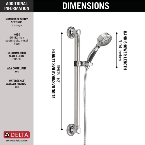 Miniatura 3 de Cabezal de ducha de mano con barra deslizante de 9 aspersores de Delta Faucet con manguera, cabezal de ducha de mano cromado, ducha de mano con Cromo