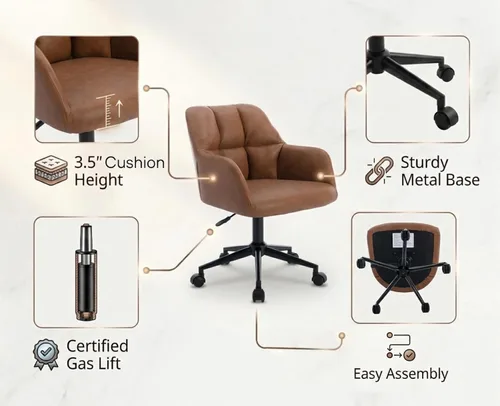 Miniatura 5 de Silla de escritorio de cuero marrón con respaldo medio, apoyabrazos, silla de oficina con soporte ajustable de altura, silla giratoria de 360°