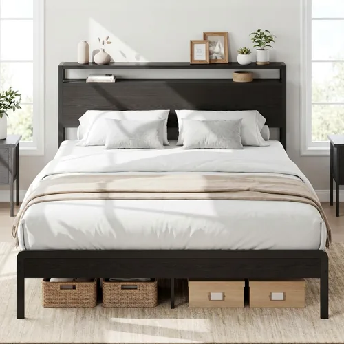 Miniatura 28 de LIKIMIO Marco de Cama King con Cabecero, Marco de Cama King de Madera Oscura con Soportes Fuertes, Resistente, Sin Ruido, No Necesita Somier, Nogal