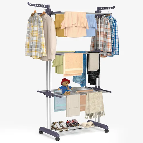 Bigzzia Tendedero de Ropa Plegable Tendedero de Secado de Ropa de 4 Niveles Tendedero de Ropa con Dos Alas Laterales de Acero Inoxidable Gris