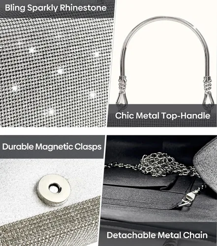 Miniatura 3 de Comeon Bolso de mano de noche con purpurina y diamantes de imitación brillantes para mujer, bolso plateado con cristales brillantes para baile
