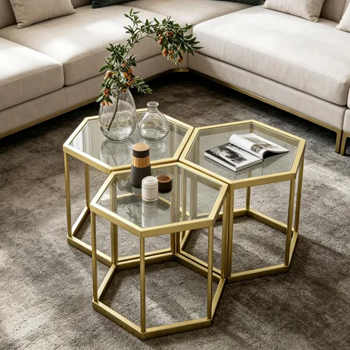 Miniatura 7 de Mesa auxiliar modular hexagonal, marco chapado en oro, parte superior de vidrio templado, mesa auxiliar geométrica, mesa anidable multiusos