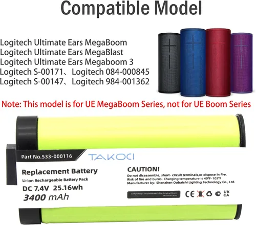Miniatura 2 de Batería de repuesto para altavoz Bluetooth inalámbrico Logitech UE MegaBoom Series compatible con el número de pieza 533-000116 533-000146 7.4V