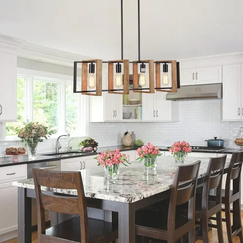 Miniatura 8 de Lámpara colgante de comedor de granja, para isla de cocina, rústica, 4 luces, madera y metal negro, lámpara rectangular para colgar en el techo