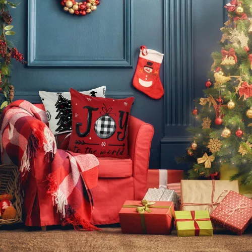 Miniatura 5 de DIYDEC 4 fundas de almohada navideñas de 18x18 pulgadas, fundas de almohada rojas, decoraciones navideñas búfalo árbol camión, almohadas de Feliz