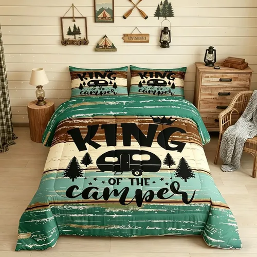 Juego de edredón de camper tamaño matrimonial, edredón acolchado para adolescentes y niños, juego de ropa de cama rústica de granja para niños,