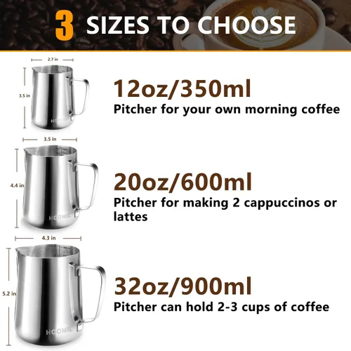 Miniatura 2 de HOOMIL Jarra de espuma de leche, jarra de acero inoxidable de 12 oz/20 oz/32 onzas, jarra de vaporizador de leche para máquina de espresso, café