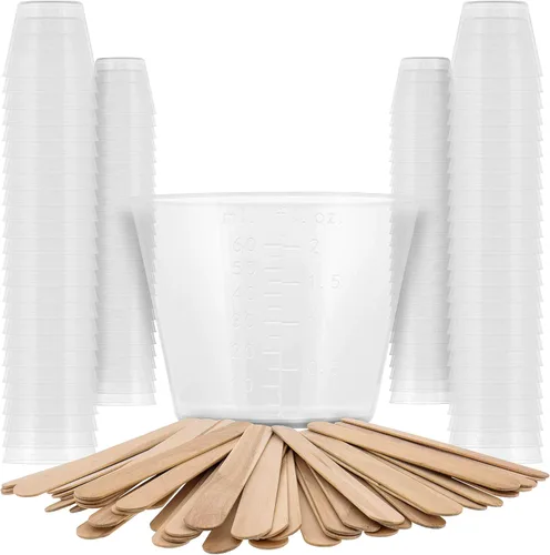 Pouring Masters Vasos medidores de líquido de 2 oz (60 ml) - Vaso graduado de plástico (paquete de 100) con 25 varillas - Tazas de mezcla