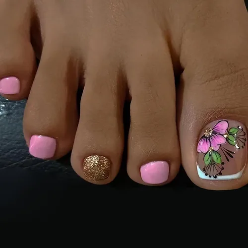 Miniatura 29 de Uñas postizas acrílicas artificiales negras para los dedos de los pies, ataúd a presión con diseños de flores blancas, uñas postizas reutilizables