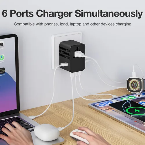 Miniatura 4 de Adaptador de viaje universal de 45 W - Enchufe compacto con 3 puertos USB-C y 2 puertos USB-A para UE/Reino Unido/US/AU, adaptador de corriente Azul
