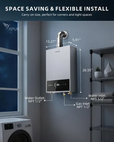 Miniatura 6 de APUS Calentador de agua sin tanque de gas natural, hasta 4.42 GPM, calentador de agua sin tanque para interiores, 95,000 BTU bajo demanda