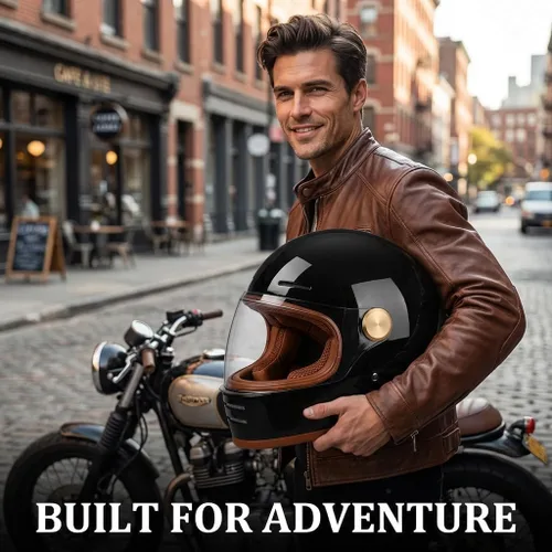 Miniatura 4 de Casco retro para motocicleta Loyoriwy para adultos: Casco integral vintage con sistema de ventilación, diseño impermeable para motociclismo Negro