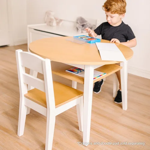 Miniatura 3 de Melissa & Doug - Juego de mesa redonda de madera y 2 sillas, muebles infantiles para sala de juegos, grano de madera claro y acabado blanco de 2