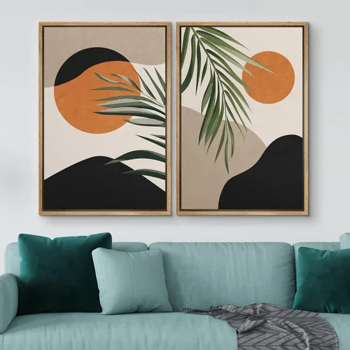 Miniatura 2 de IDEA4WALL Lienzo Enmarcado Impreso Arte de Pared Set Paisaje de Hojas de Palma de Selva de Mediados de Siglo Naturaleza Silvestre Ilustraciones Arte