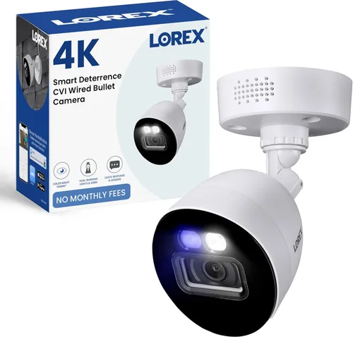 Lorex Cámara de seguridad inteligente CVI 4K Ultra HD para interiores y exteriores, con cable, de disuasión, con visión nocturna a color, luces LED