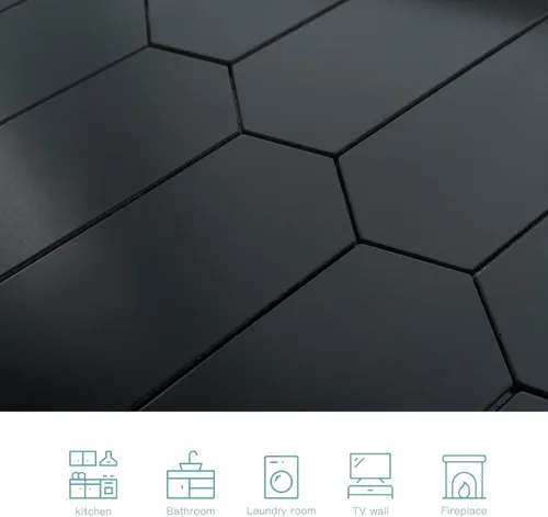 Miniatura 3 de Azulejo negro para salpicaduras de piquete, aspecto de cerámica, largo hexágono autoadhesivo para pared de cocina y baño, paquete de 6