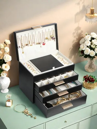 Miniatura 7 de Caja de joyería BOOVO para mujeres, organizador de joyas de 5 capas con colgador para collares y cajones, caja grande de joyería para aretes