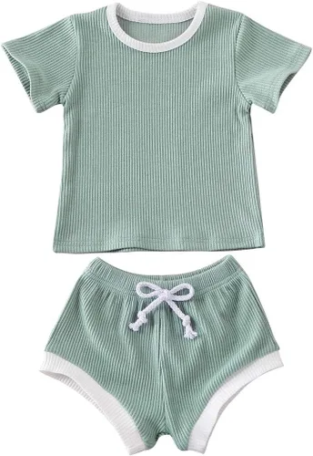 Conjunto de dos piezas para recién nacido, camiseta de manga corta, camiseta y pantalones cortos, color sólido, conjunto de dos piezas