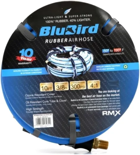 BLUBIRD BB3810 - Manguera de aire de goma de 3/8 pulgadas x 10 pies, 100% goma, más ligera, más fuerte, más flexible, 300 PSI, 50F a 190F grados,
