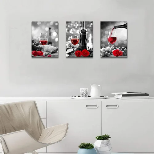 Miniatura 4 de Decoración de vino para cocina, arte en lienzo con rosas de vino tinto, arte para paredes del hogar, blanco y negro, con pintura de vino tinto, arte