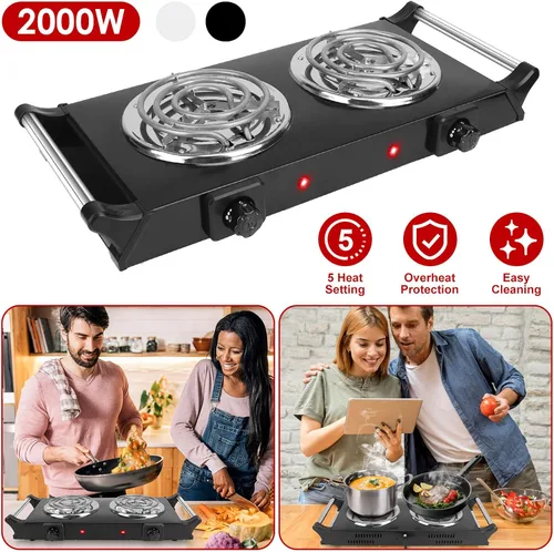 Miniatura 2 de Placa caliente de 2000 W, estufa eléctrica portátil para encimera, quemadores de bobina doble con control de temperatura de 5 niveles y asas que se
