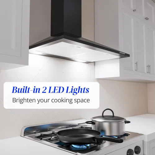 Miniatura 6 de FIREGAS Campana extractora negra de 30 pulgadas, campana extractora de montaje en pared con luces LED, ventilador de escape de 3 velocidades, Negro