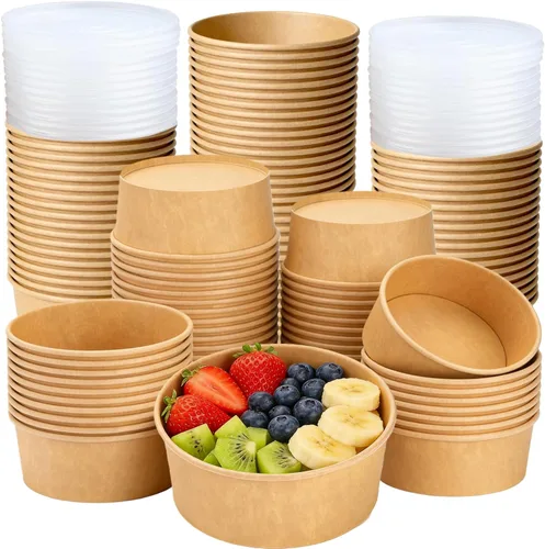 Paquete de 50 recipientes de papel para sopa con tapas, cuencos de sopa fría de 25 onzas, vasos desechables de papel kraft para alimentos para