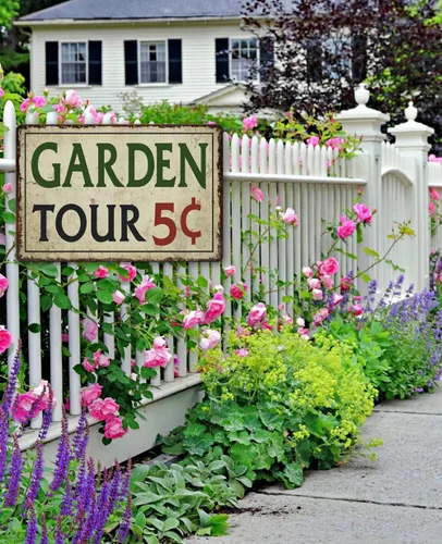 Miniatura 7 de Letrero de metal para jardinería al aire libre, Garden Tours 5 centavos, letrero de bienvenida retro de colibrí, letrero decorativo de flores
