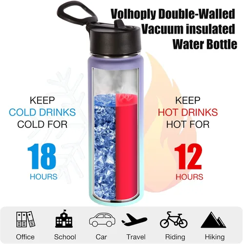 Miniatura 3 de Volhoply Botellas de agua aisladas con popote a granel, paquete de 4, botella deportiva de acero inoxidable de 22 onzas con tapa, vasos de agua