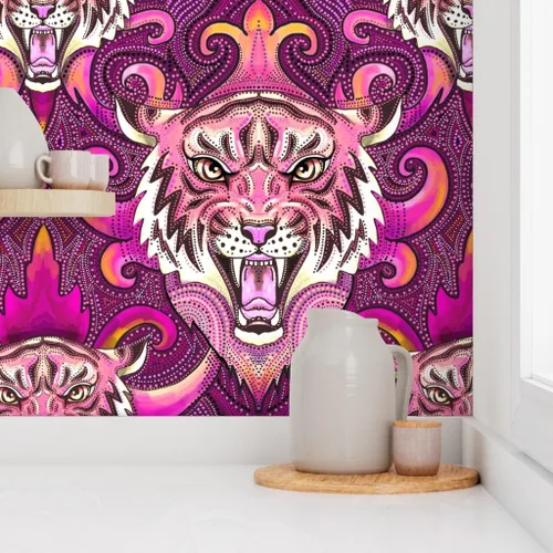 Miniatura 8 de Spoonflower Muestro de papel tapiz extraíble - Pink Tigers Purple Orange Maximalist XL Jungle - Papel pintado prepegado personalizado