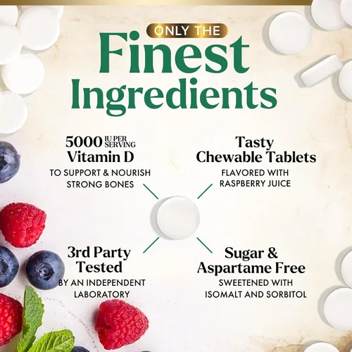 Miniatura 3 de Vitamina D3 5000 UI (125 mcg) por porción, vitamina D extra fuerte masticable para apoyo inmunológico, suplementos para huesos, dientes y músculos