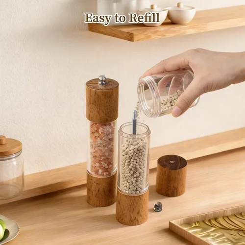 Miniatura 5 de Juego de 2 molinillos de sal y pimienta, molinos de acrílico premium de sal y pimienta - agitadores manuales de madera de roble con núcleo