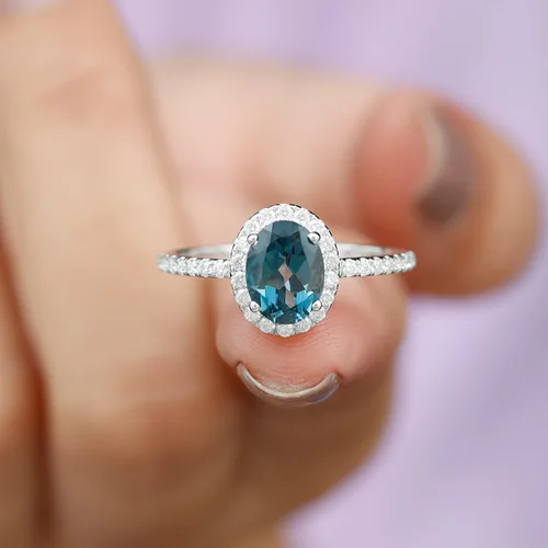 Miniatura 5 de Anillo de compromiso de topacio azul natural de Londres de 0.236 x 0.315 in, calidad AAA, anillo solitario de diamante de topacio azul, listo