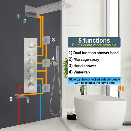 Miniatura 2 de HOMEDEC Kit de Válvula de Ducha Termostática de Latón de 5 Funciones Puede Funcionar al Mismo Tiempo, Desviador de Agua Oculto con Válvula de 6