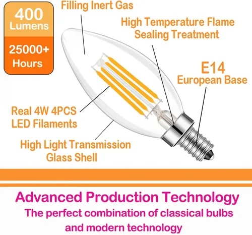 Miniatura 5 de Bombilla Edison de filamento LED de base europea E14, 2 W, blanco cálido, 2700 K, no regulable (paquete de 4)