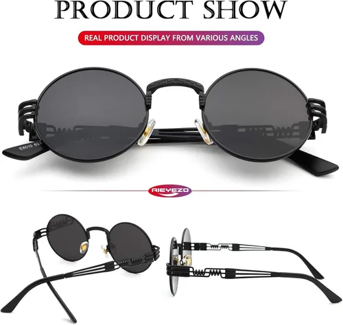 Miniatura 7 de AIEYEZO Gafas de sol redondas steampunk Circle Lennon Hippie, marco de metal, lente de bloqueo UV 100%