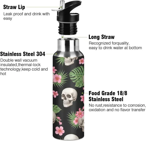 Miniatura 3 de Human Skulls Insulated Water Bottle 20 Oz, BPA-Free Sports Water Bottle with Straw Leakproof Water Bottles