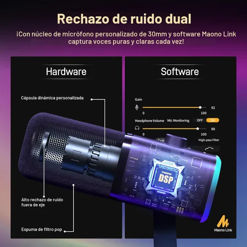 Miniatura 3 de MAONO Micrófono dinámico USB/XLR para transmisión de juegos, micrófono de computadora con software-RGB, botón de silencio, micrófono de escritorio
