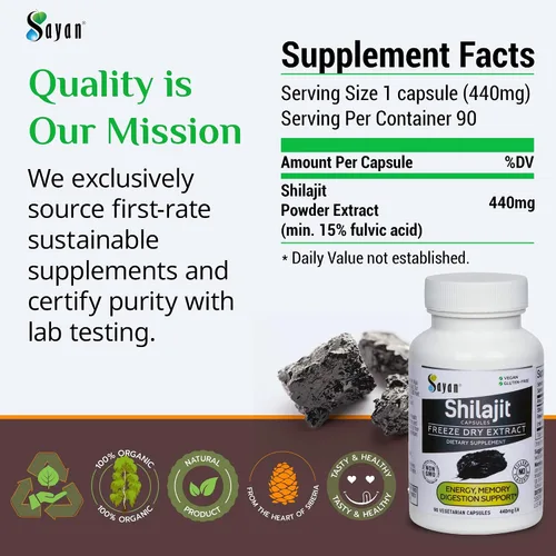 Miniatura 5 de Sayan Shilajit 90 cápsulas/440 mg ea.- Suplemento orgánico con alto contenido de ácido fúlvico para apoyar tu sistema inmunológico, reforzar