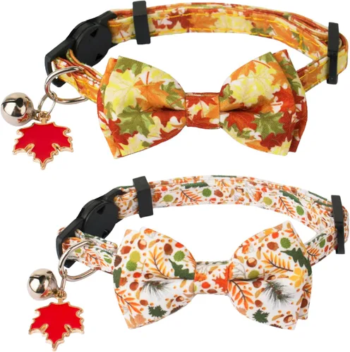 ADOGGYGO Collar de gato de otoño con cascabel de corbata de moño extraíble, paquete de 2 hojas de otoño para Acción de Gracias collar de moño para